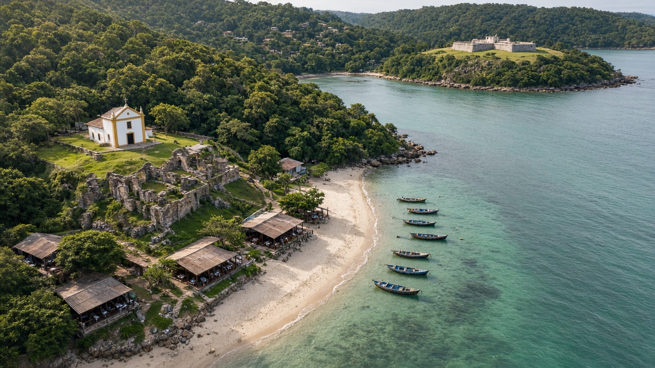 Vista aérea da Praia da Armação da Piedade, em Governador Celso Ramos: capela branca com ruínas da Armação, restaurantes de pé na areia, barcos de pesca e a Fortaleza de Anhatomirim ao fundo