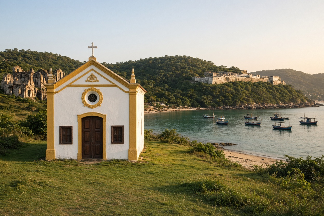 Capela de Nossa Senhora da Piedade, em Governador Celso Ramos: fachada branca com detalhes amarelos, frontão triangular e cruz, no gramado à beira-mar da Praia da Armação da Piedade, com barcos de pesca e a Fortaleza de Anhatomirim ao fundo